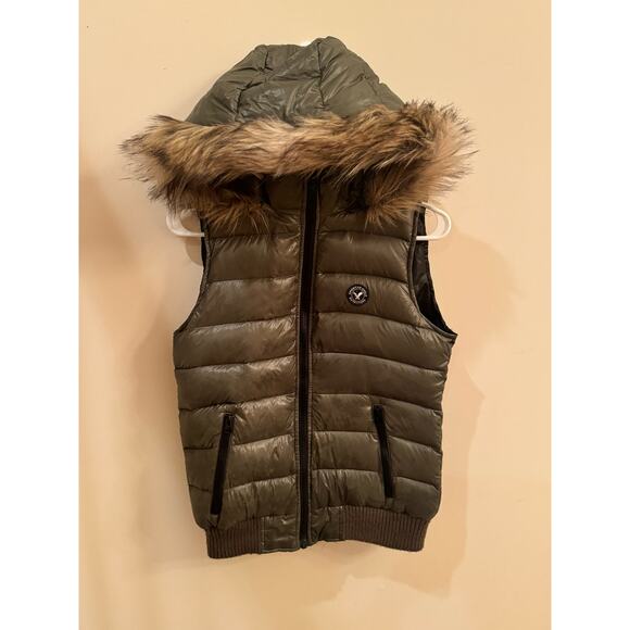 American Eagle Down Puffer Vest Faux Fur Hat Women's Small Teen Olive Green - Picture 2 of 12